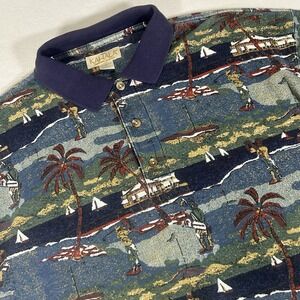 Kahala Polo Shirt Mens Medium Blue Sailboats Golf Course‎ Palm Tree Short Sleeve